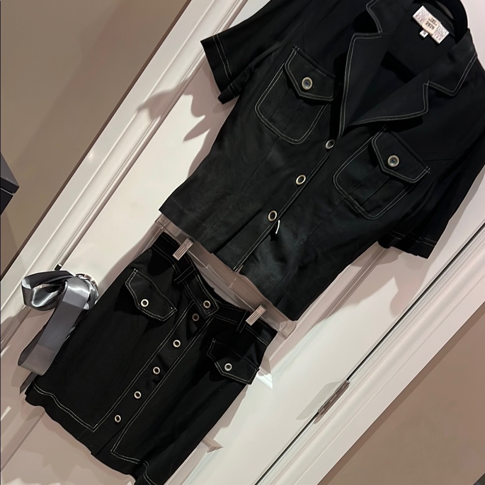 (2 piece) Black Button-Up Top and Skirt Set